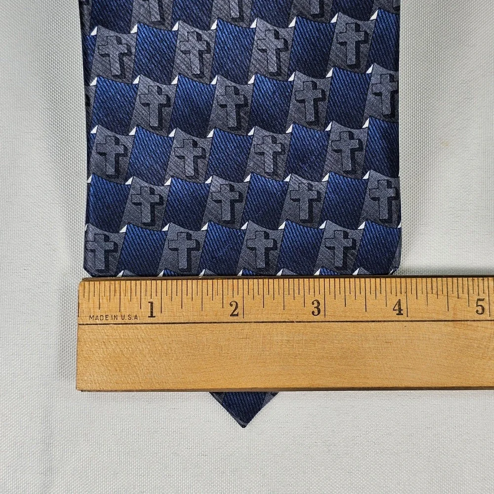 Eagles Wings Mens Silk Tie Navy‎ Blue Grey Christian Cross Religious Geometric